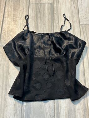 Black Cami Top Heart Star Print Tie Neckline Sz L Sultry Coquette Grunge Goth